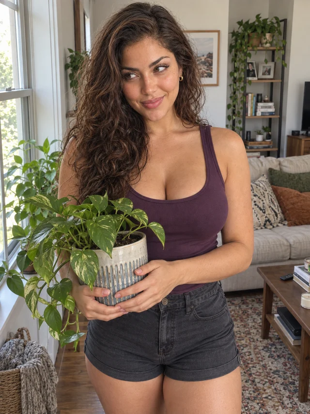 AI-generated image of Elena, a fictional character, beside a potted plant at a bright window